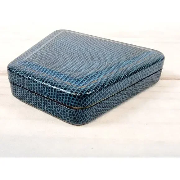 Vintage Jewelry Trinket Presentation Box Blue Metal Faux Snakeskin Velvet - Picture 7 of 14